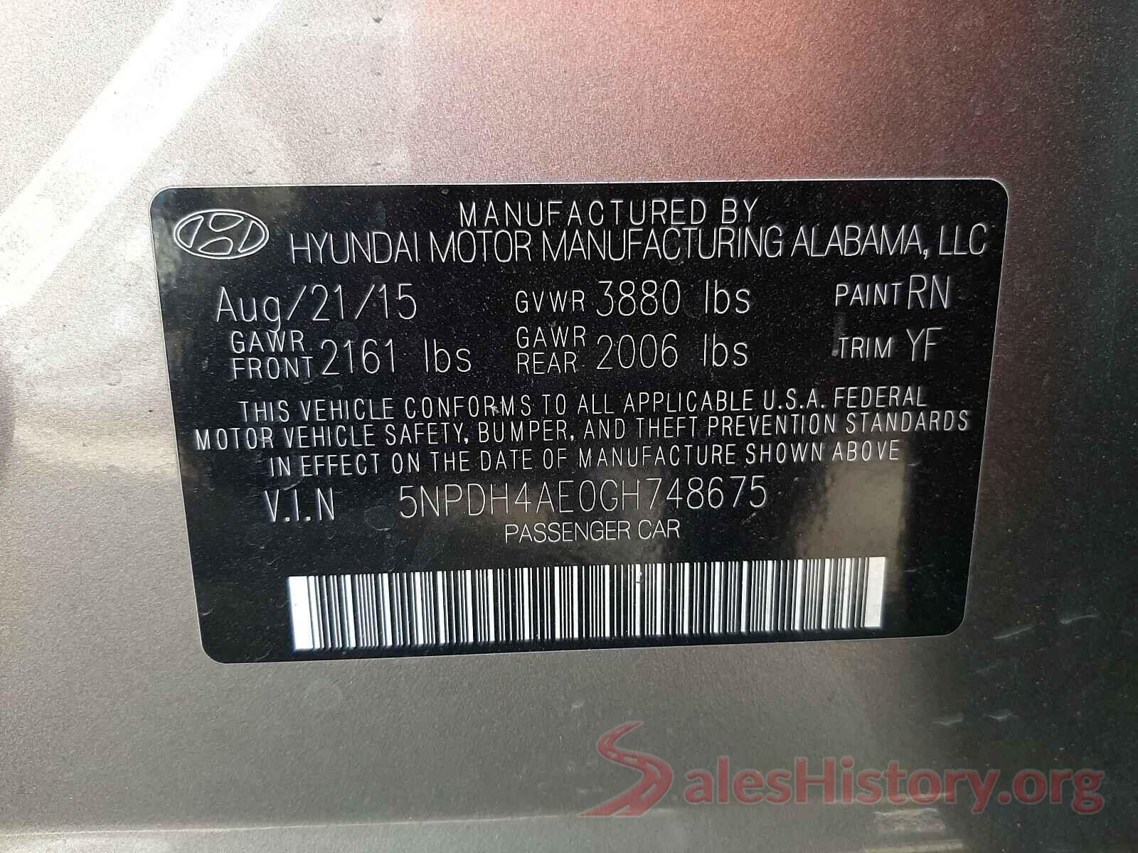 5NPDH4AE0GH748675 2016 HYUNDAI ELANTRA