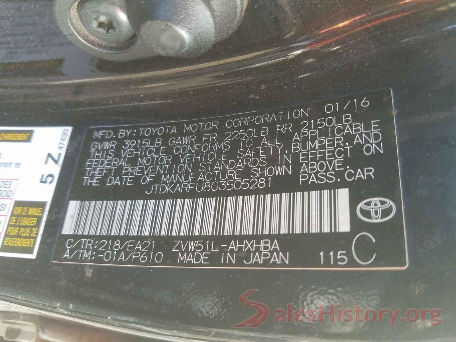 JTDKARFU8G3505281 2016 TOYOTA PRIUS