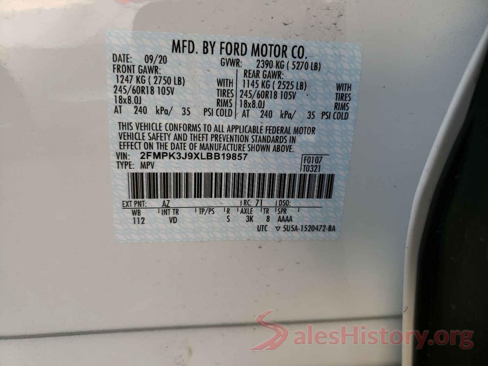 2FMPK3J9XLBB19857 2020 FORD EDGE