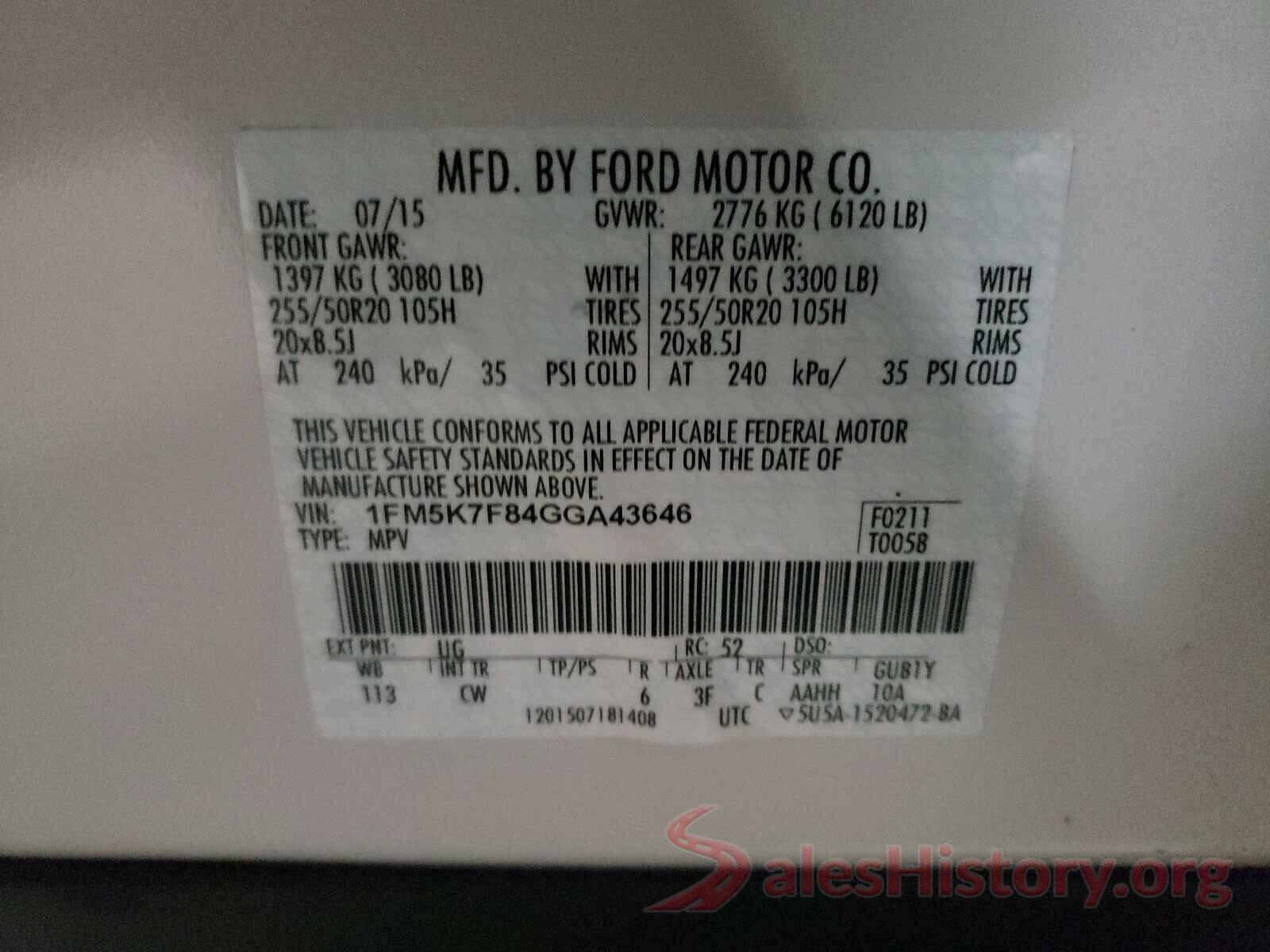 1FM5K7F84GGA43646 2016 FORD EXPLORER