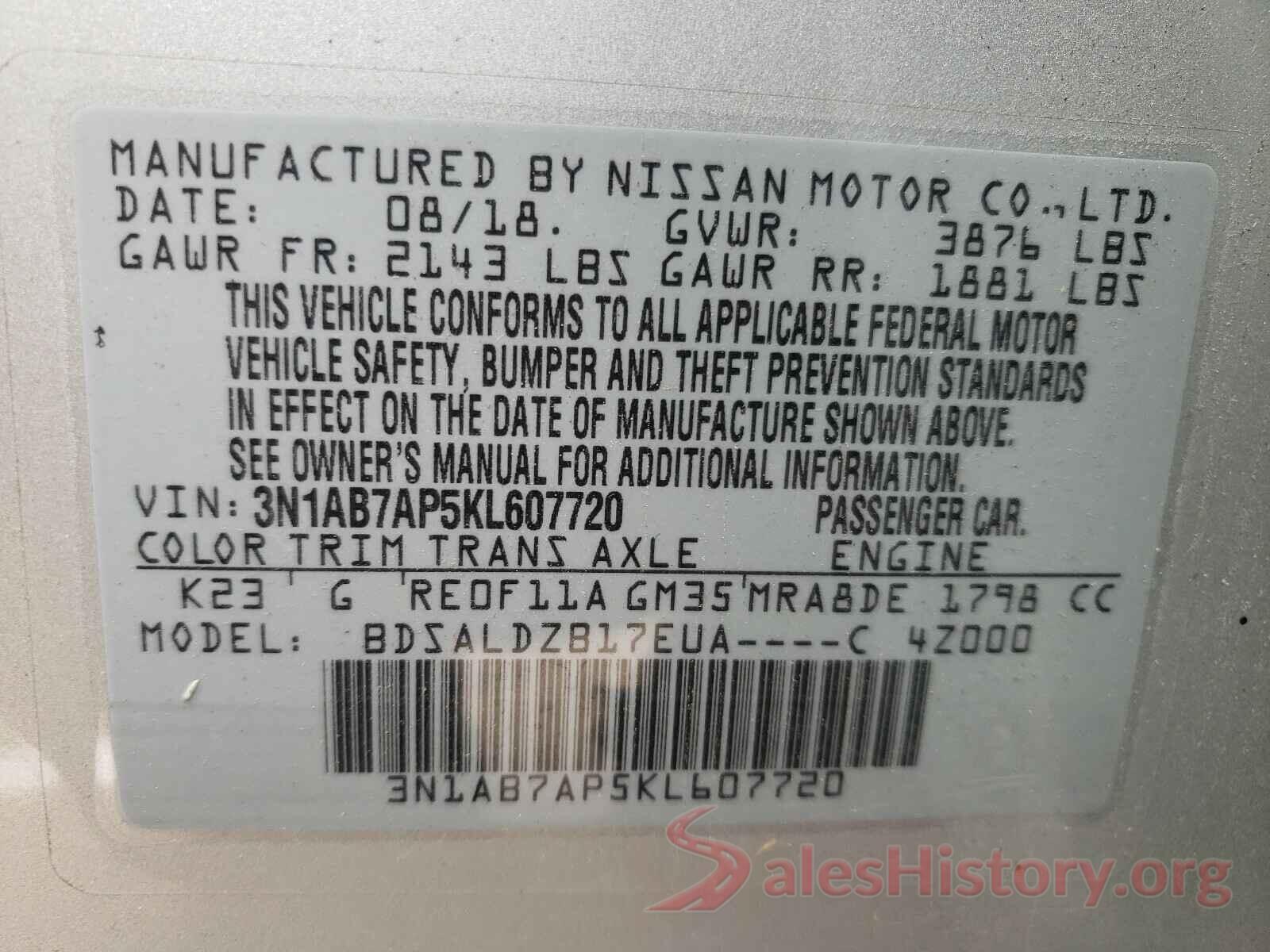 3N1AB7AP5KL607720 2019 NISSAN SENTRA