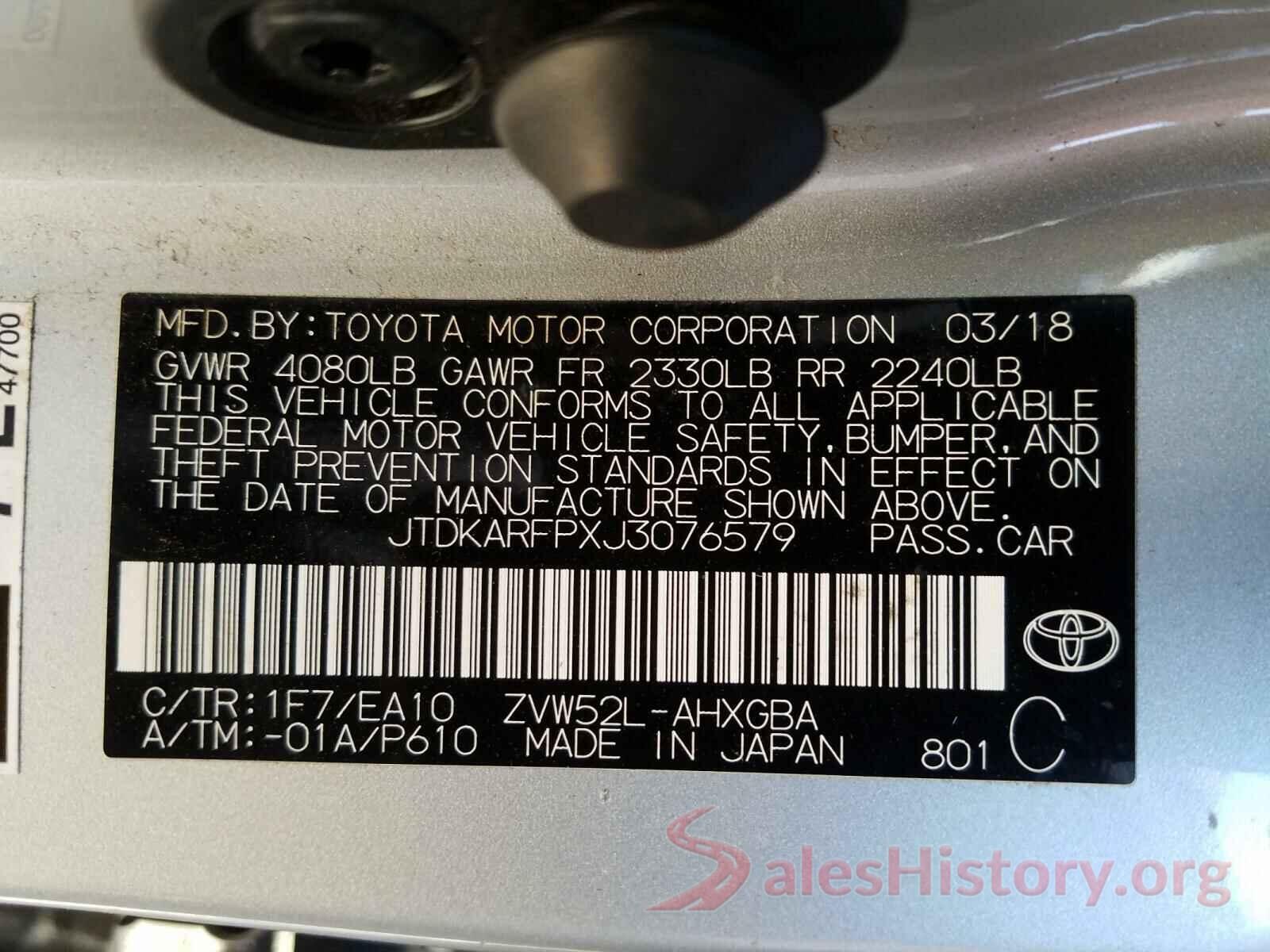 JTDKARFPXJ3076579 2018 TOYOTA PRIUS