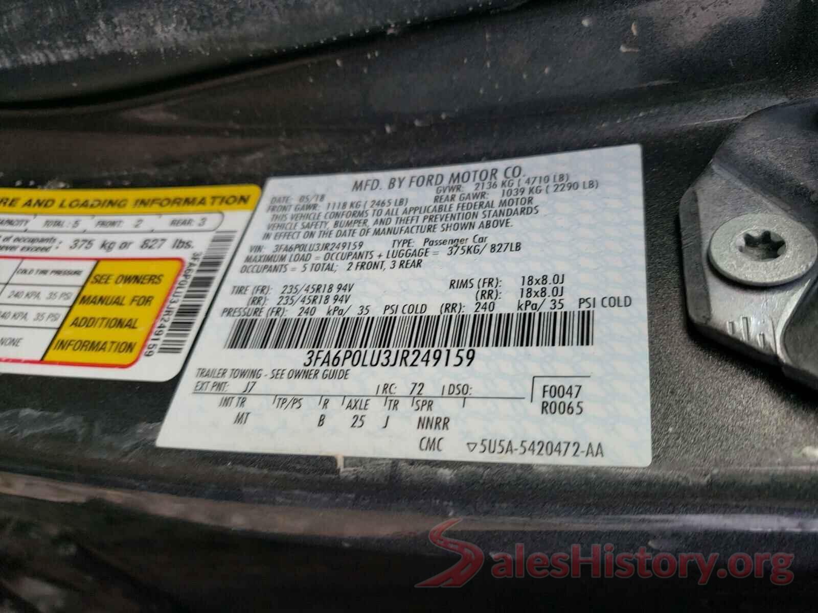 3FA6P0LU3JR249159 2018 FORD FUSION