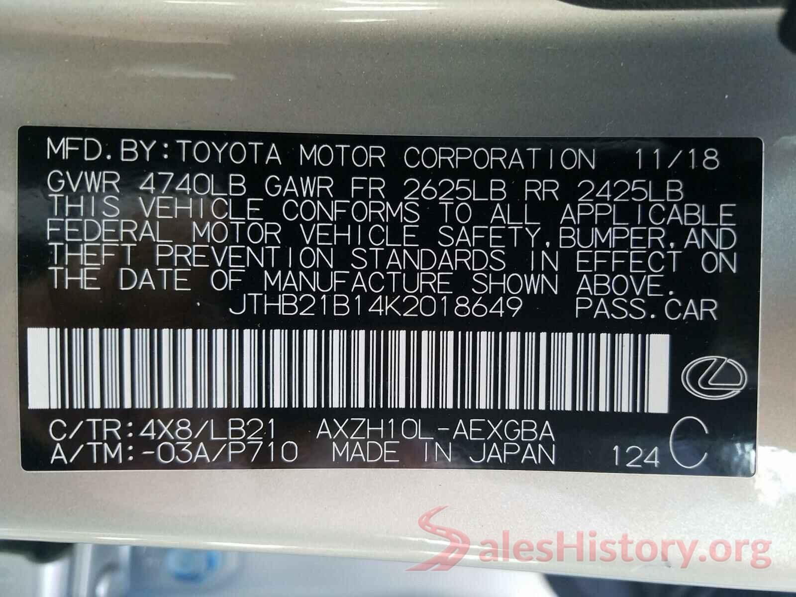 JTHB21B14K2018649 2019 LEXUS ES300