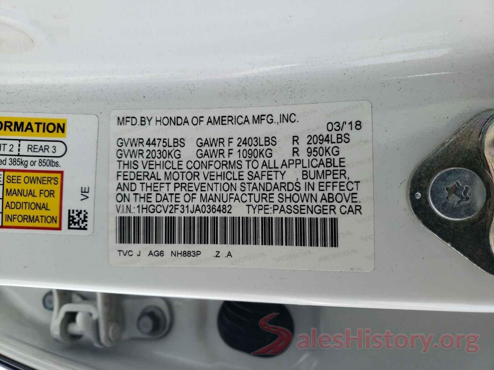 1HGCV2F31JA036482 2018 HONDA ACCORD