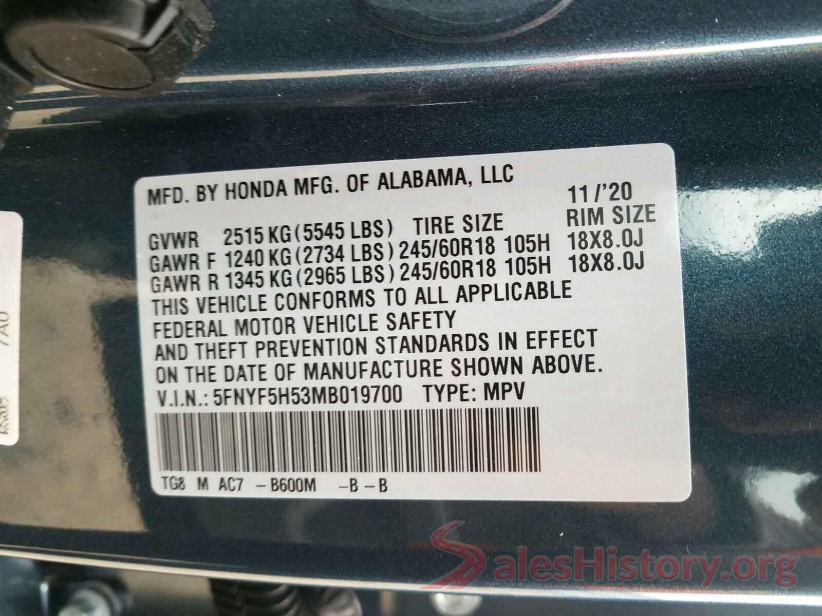 5FNYF5H53MB019700 2021 HONDA PILOT