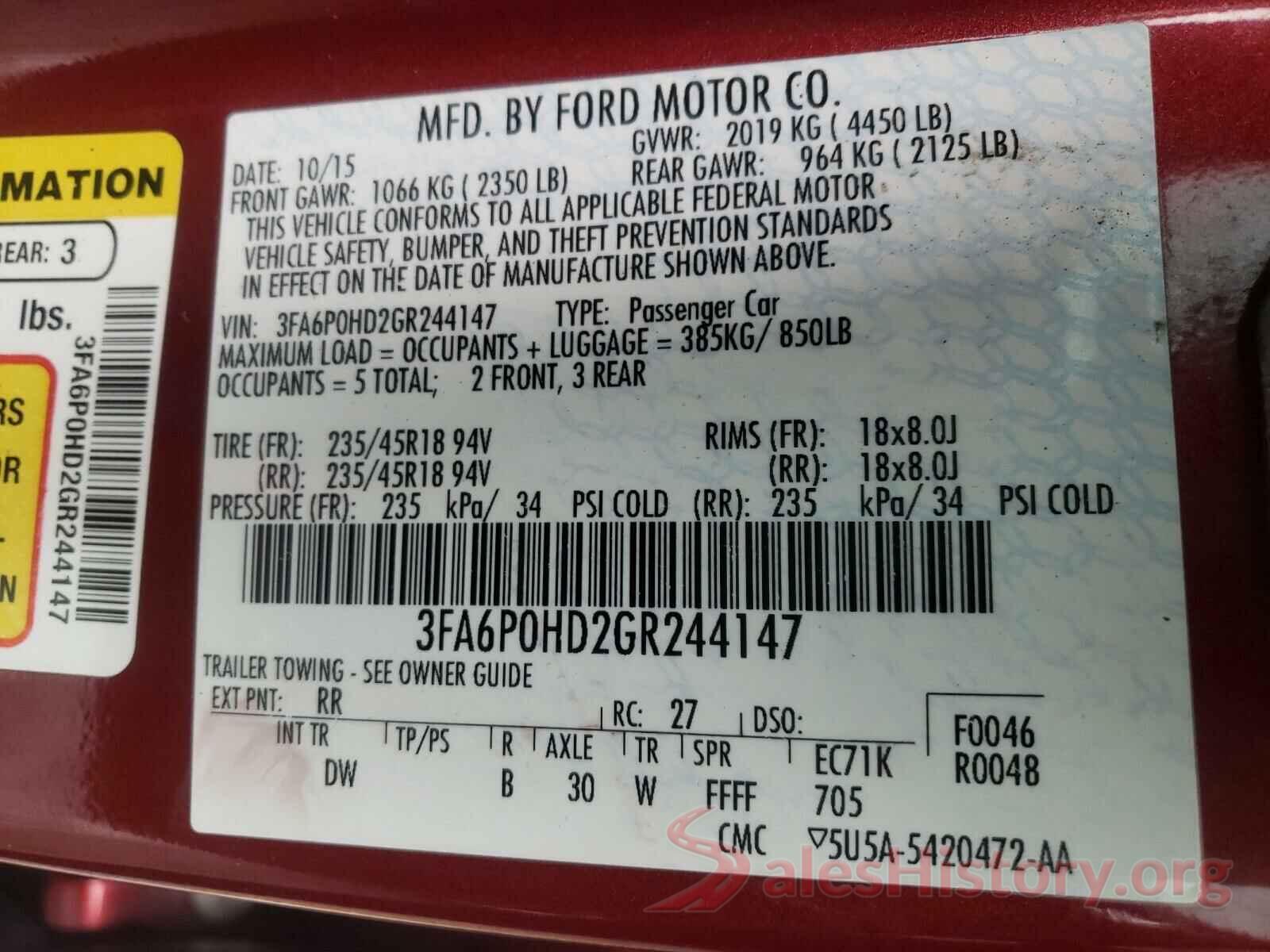 3FA6P0HD2GR244147 2016 FORD FUSION