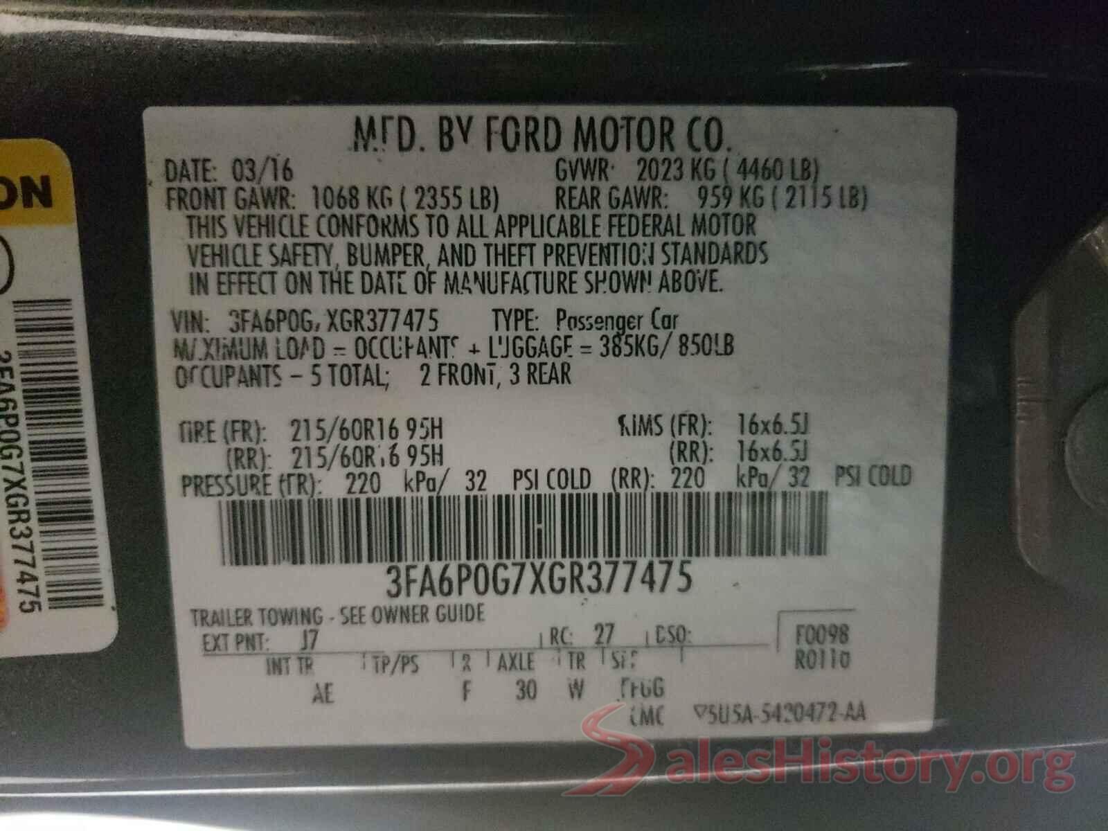 3FA6P0G7XGR377475 2016 FORD FUSION