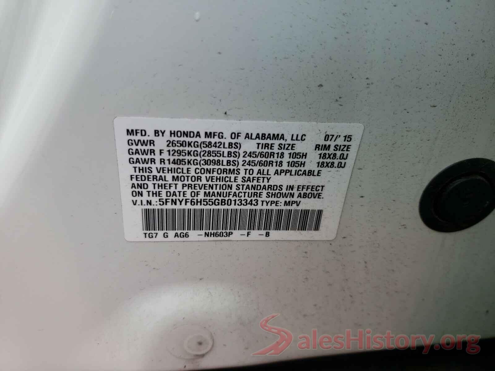 5FNYF6H55GB013343 2016 HONDA PILOT