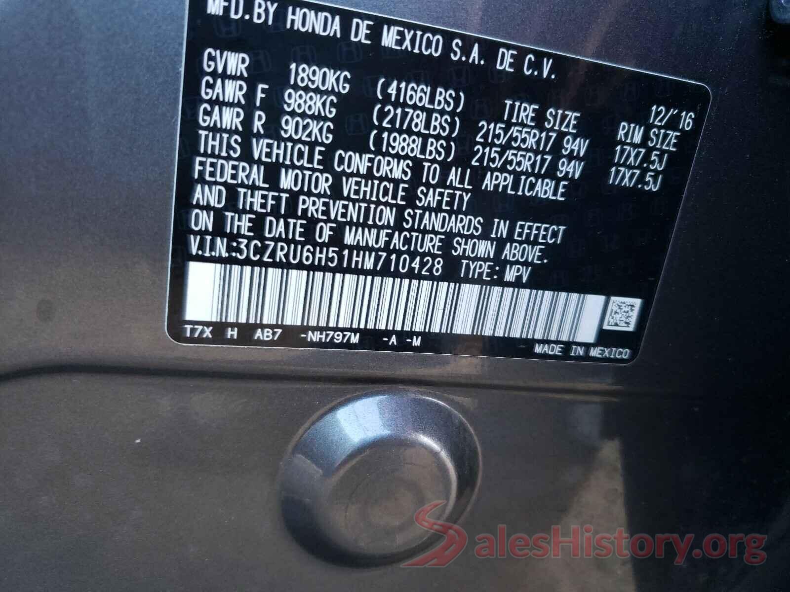 3CZRU6H51HM710428 2017 HONDA HR-V