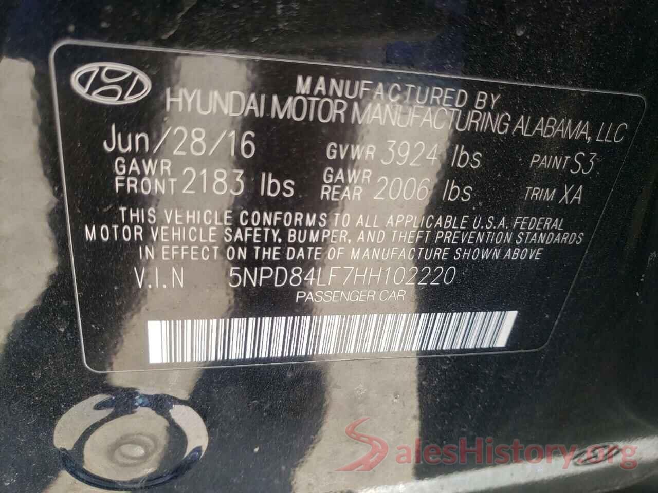 5NPD84LF7HH102220 2017 HYUNDAI ELANTRA