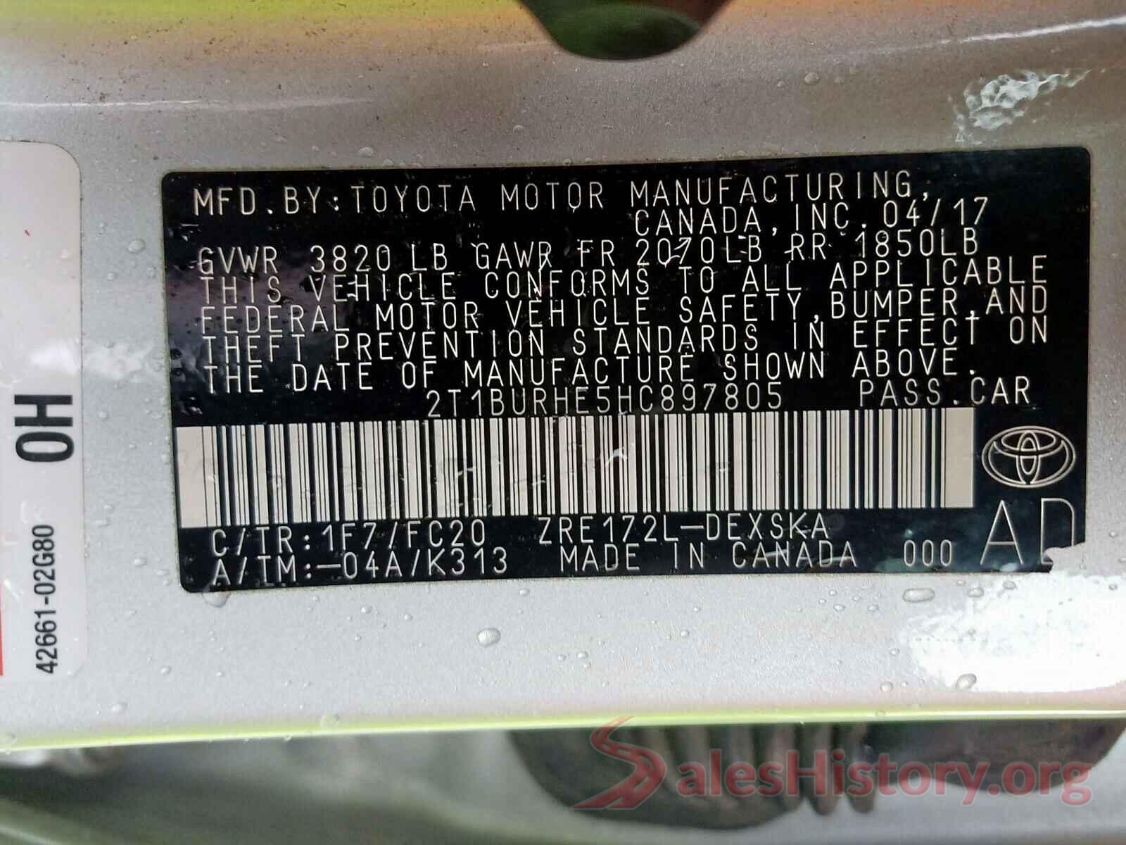 2T1BURHE5HC897805 2017 TOYOTA COROLLA