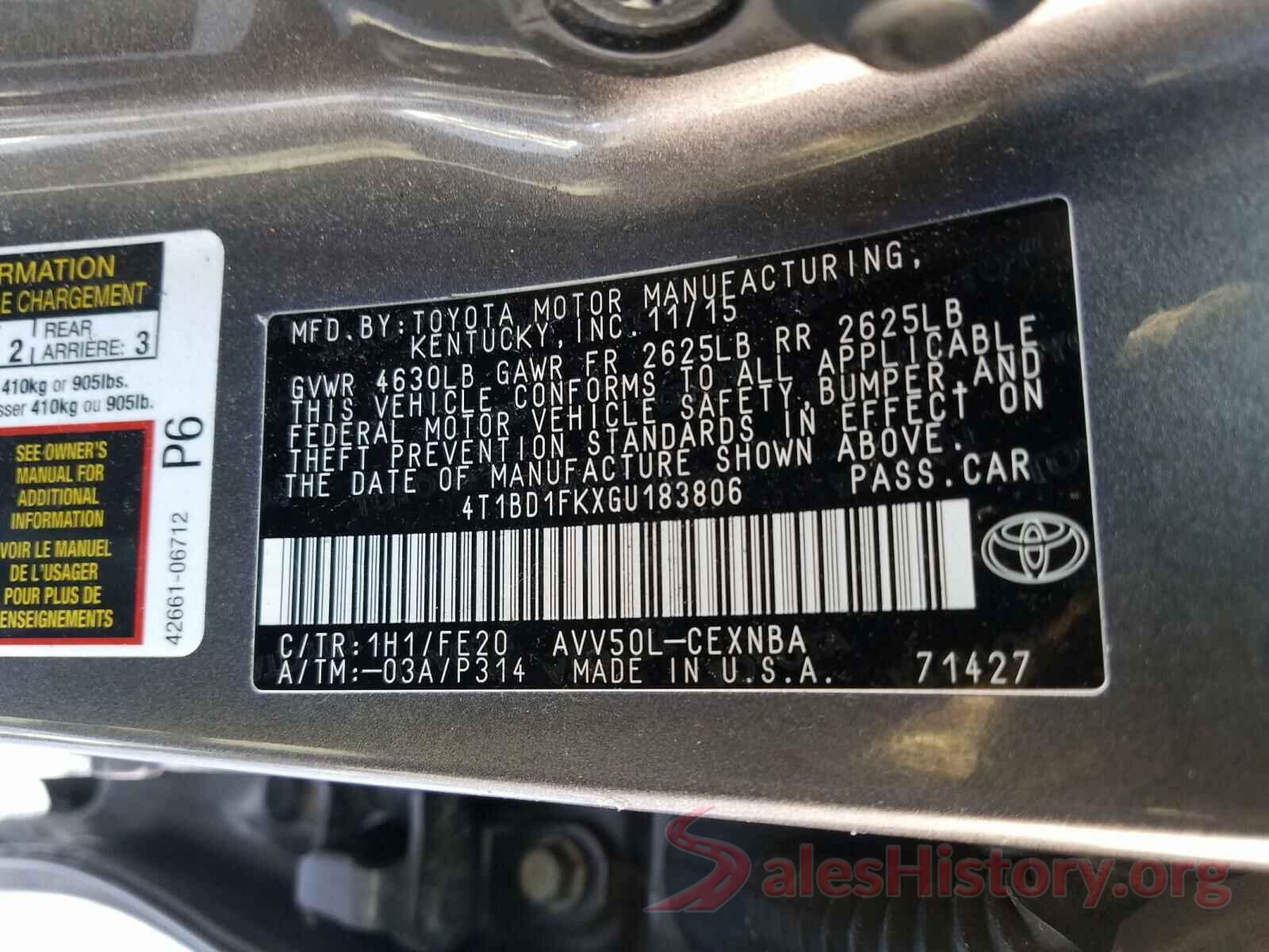 4T1BD1FKXGU183806 2016 TOYOTA CAMRY