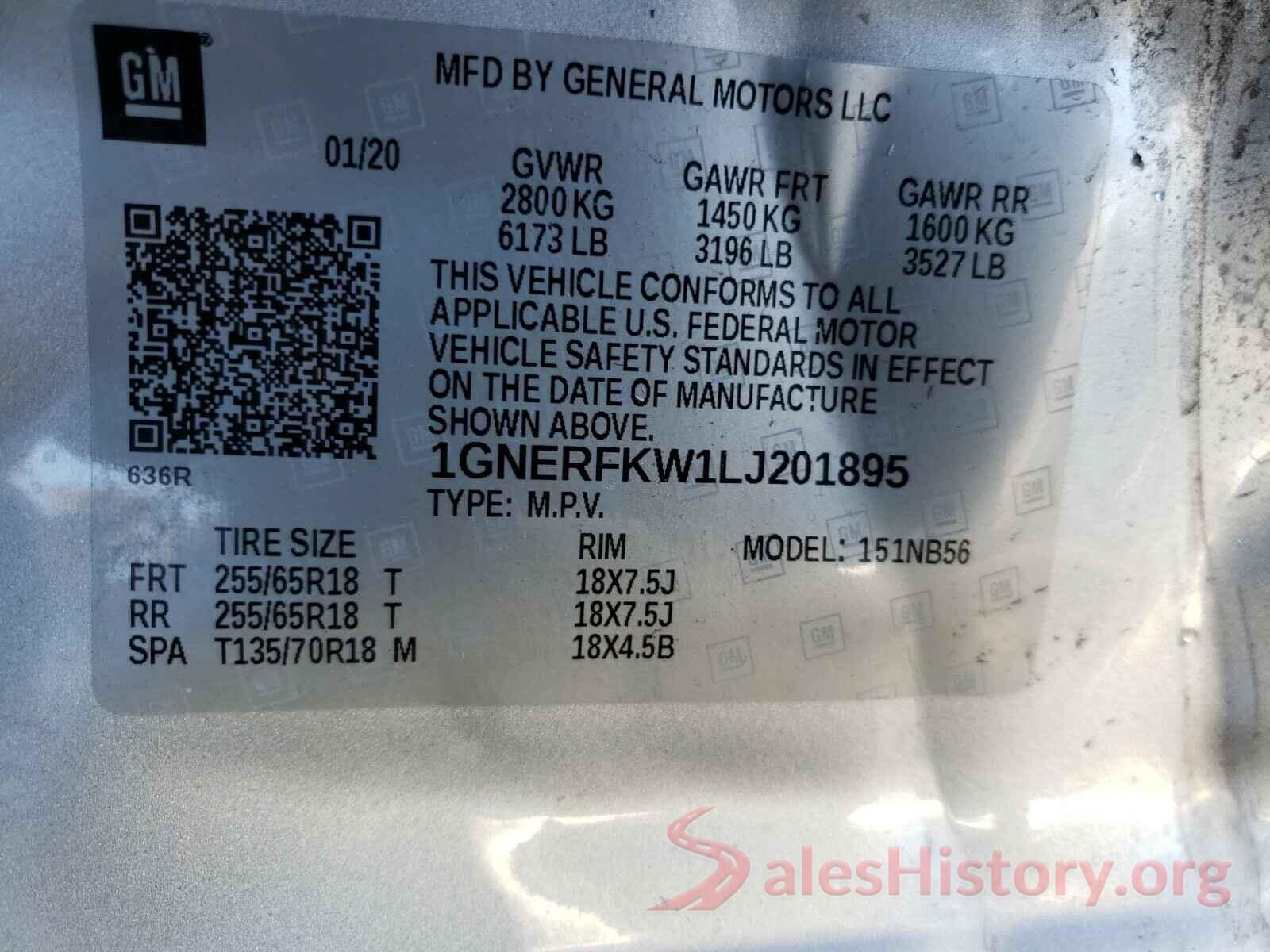 1GNERFKW1LJ201895 2020 CHEVROLET TRAVERSE