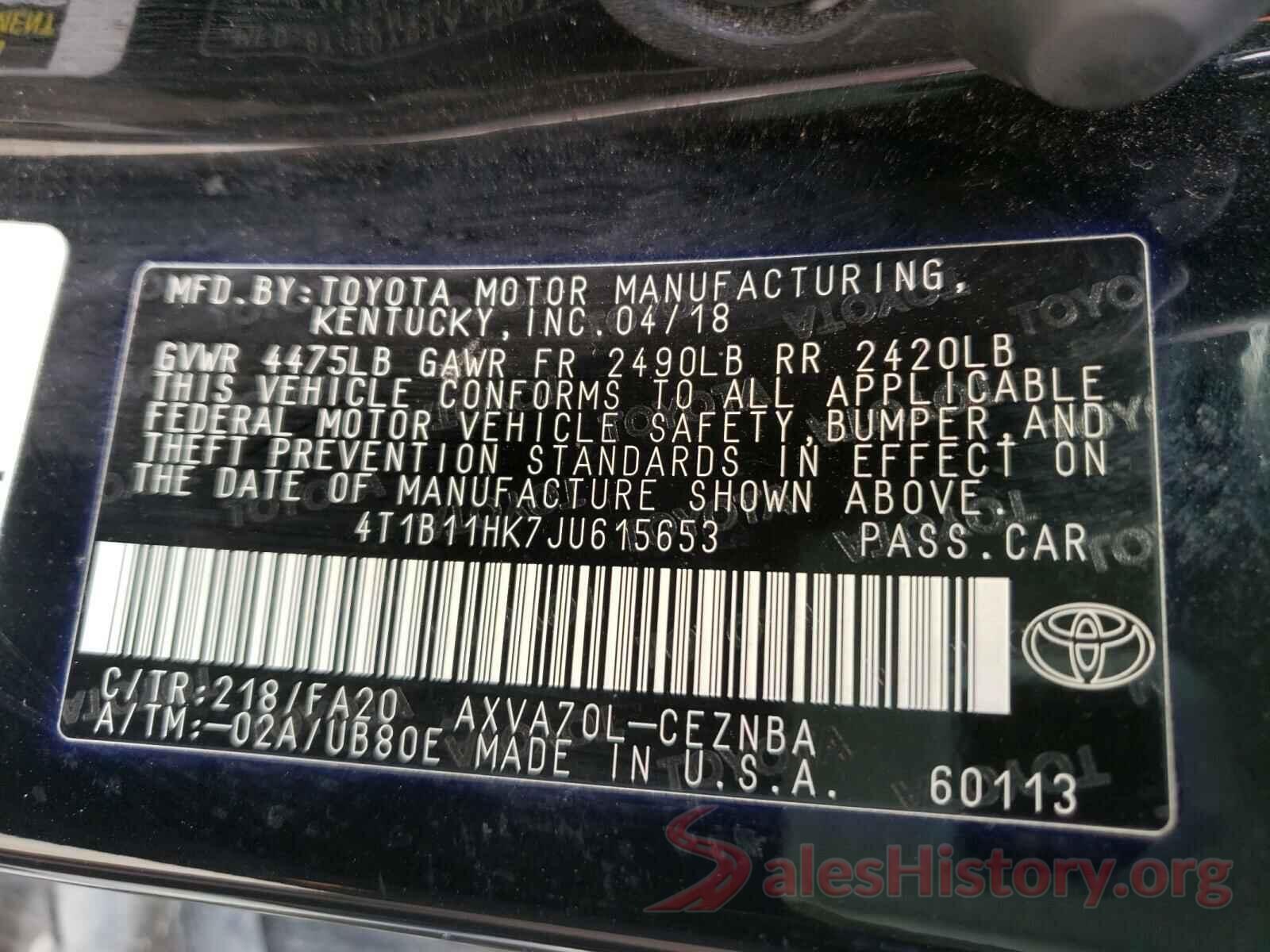 4T1B11HK7JU615653 2018 TOYOTA CAMRY