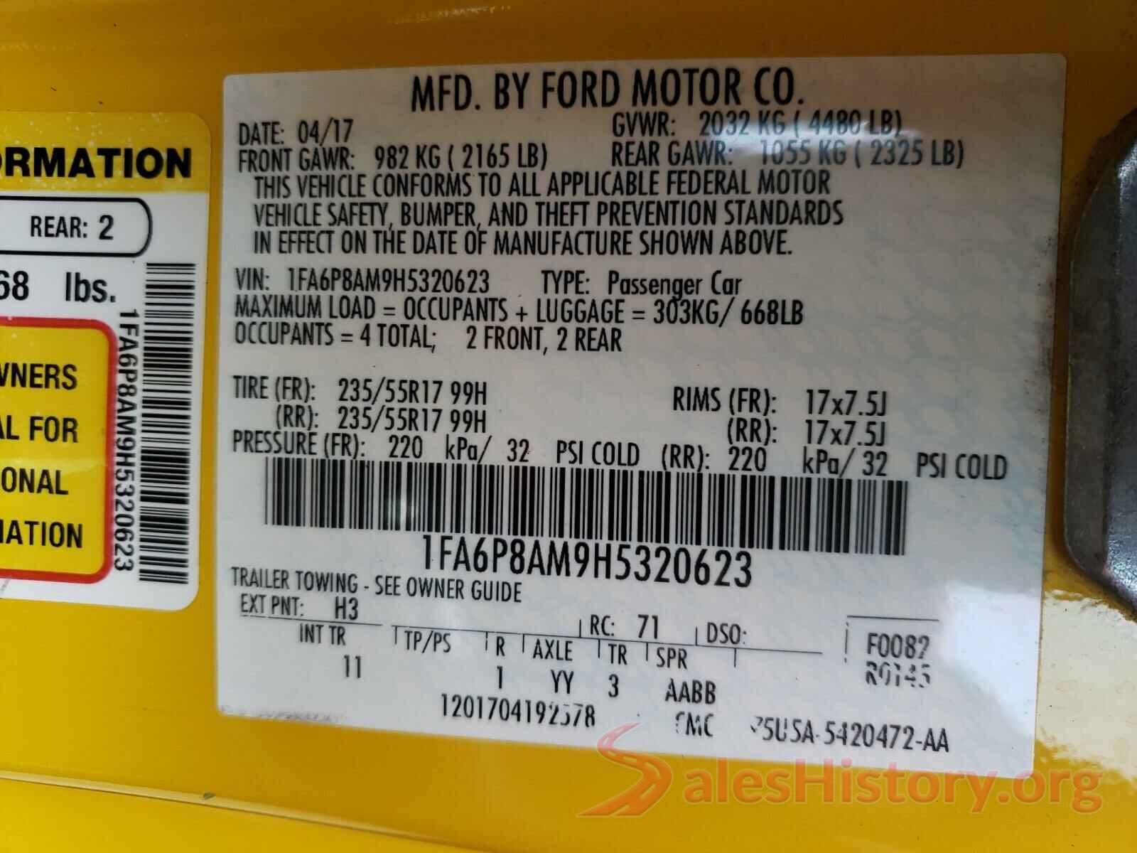 1FA6P8AM9H5320623 2017 FORD MUSTANG