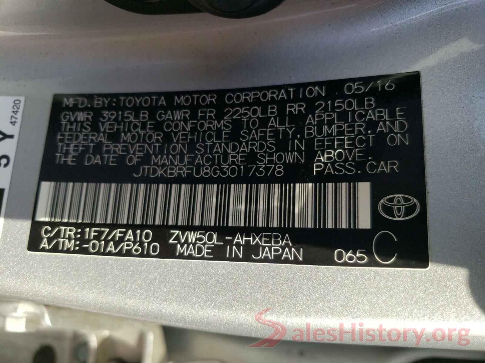 JTDKBRFU8G3017378 2016 TOYOTA PRIUS