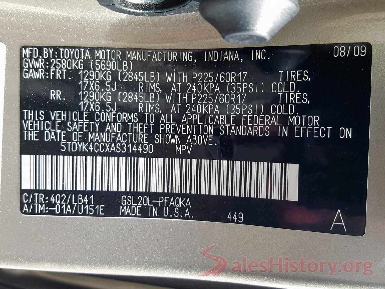 5TDYK4CCXAS314490 2010 TOYOTA SIENNA XLE