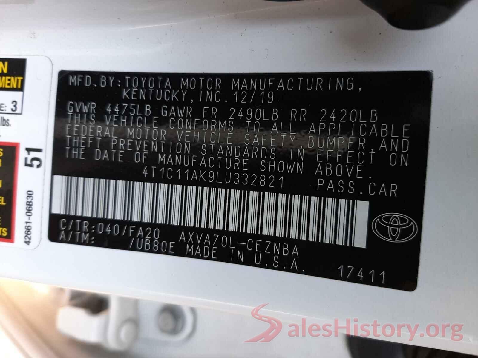 4T1C11AK9LU332821 2020 TOYOTA CAMRY