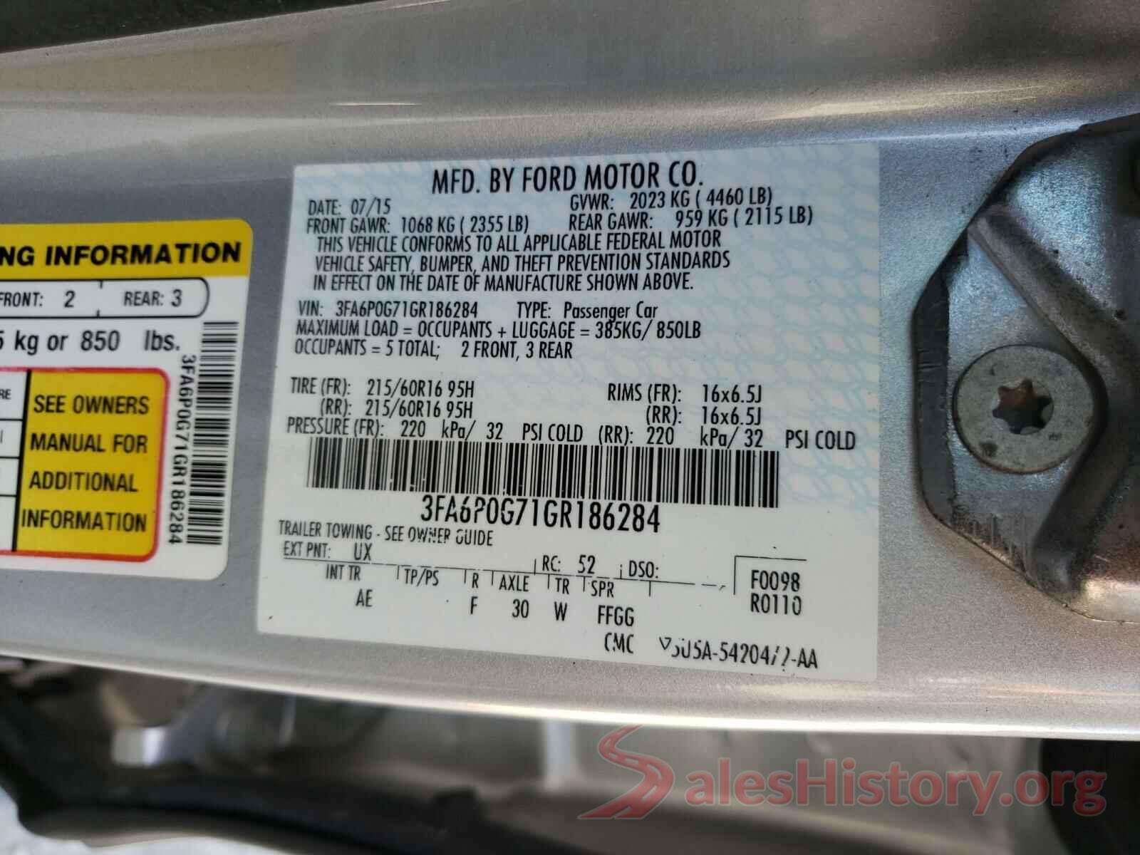 3FA6P0G71GR186284 2016 FORD FUSION