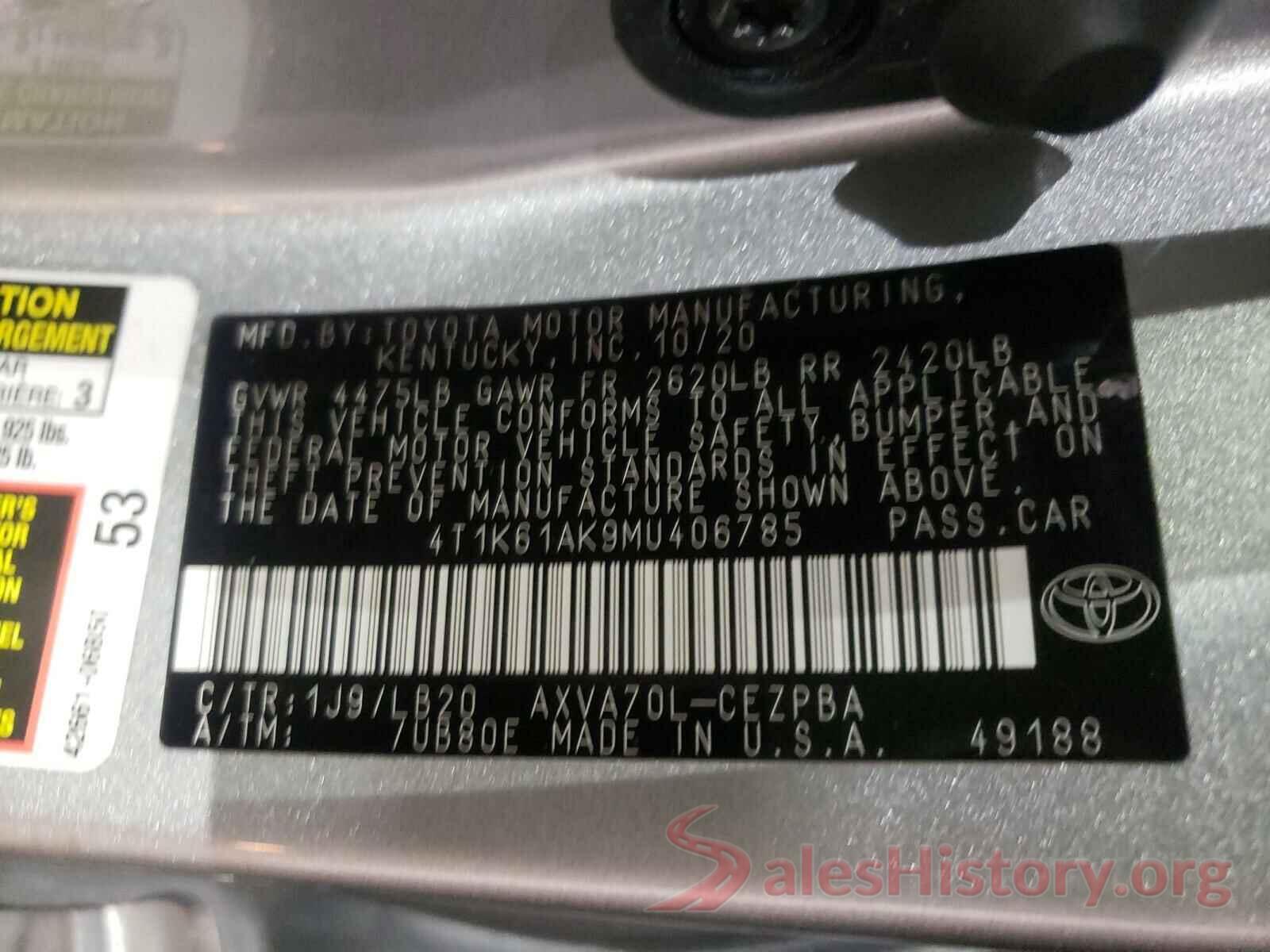 4T1K61AK9MU406785 2021 TOYOTA CAMRY