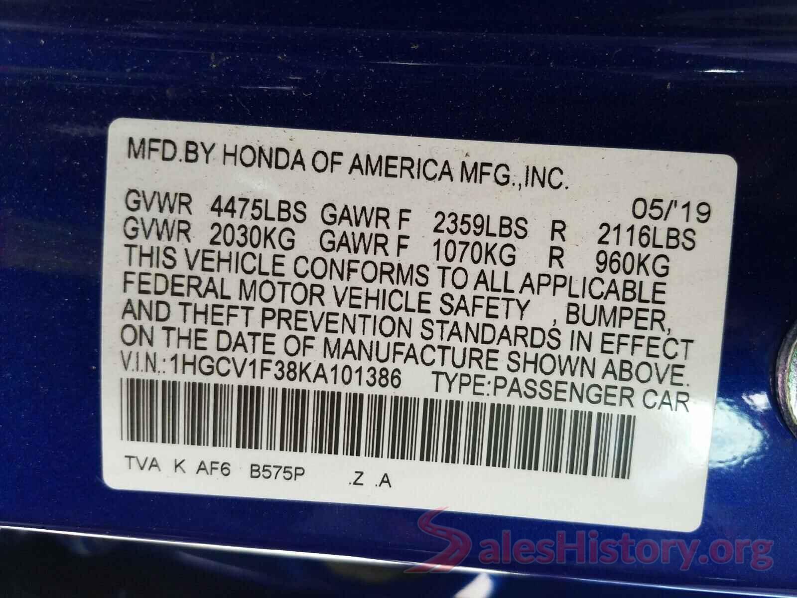 1HGCV1F38KA101386 2019 HONDA ACCORD