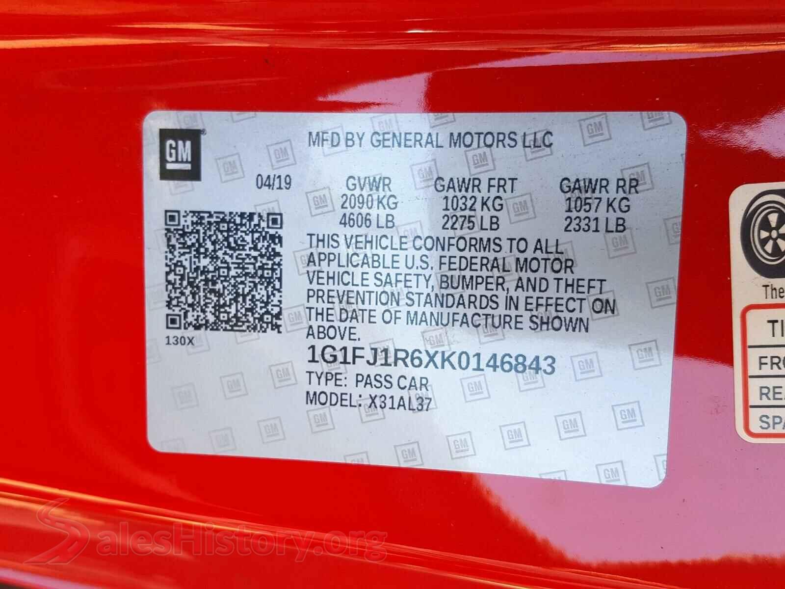 2019 CHEVROLET CAMARO VIN 1G1FJ1R6XK0146843, odometer mileage