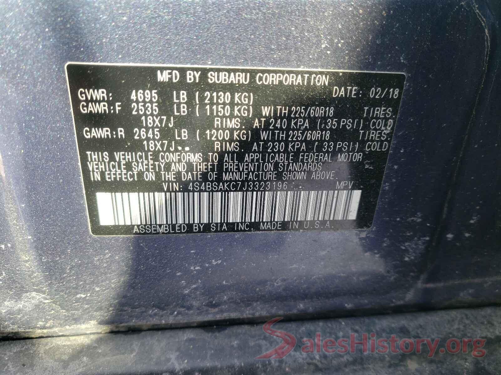 4S4BSAKC7J3323196 2018 SUBARU OUTBACK