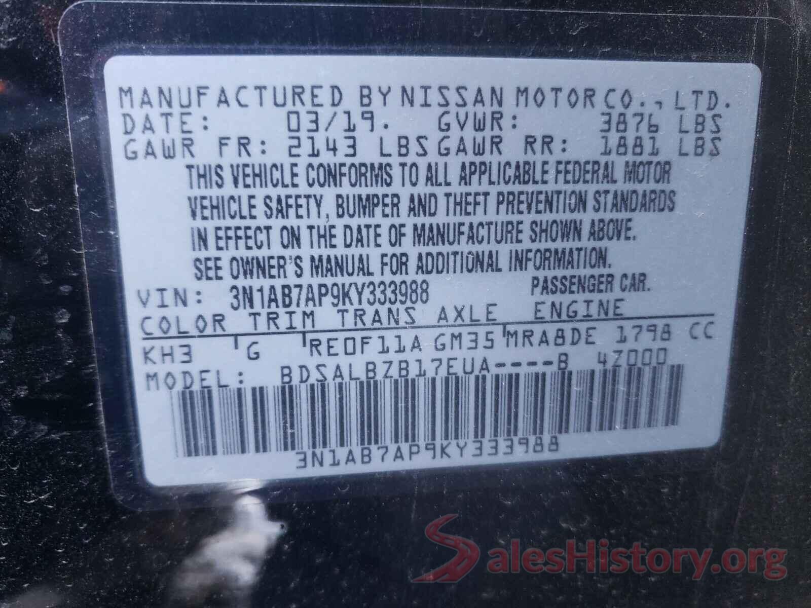 3N1AB7AP9KY333988 2019 NISSAN SENTRA