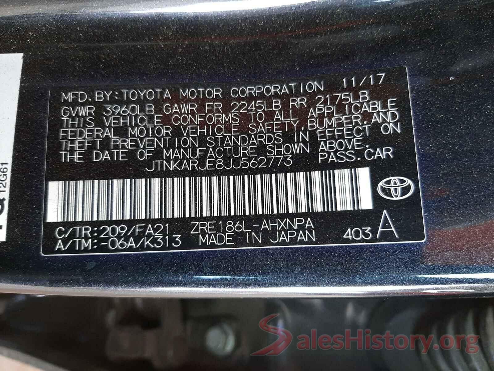 JTNKARJE8JJ562773 2018 TOYOTA COROLLA