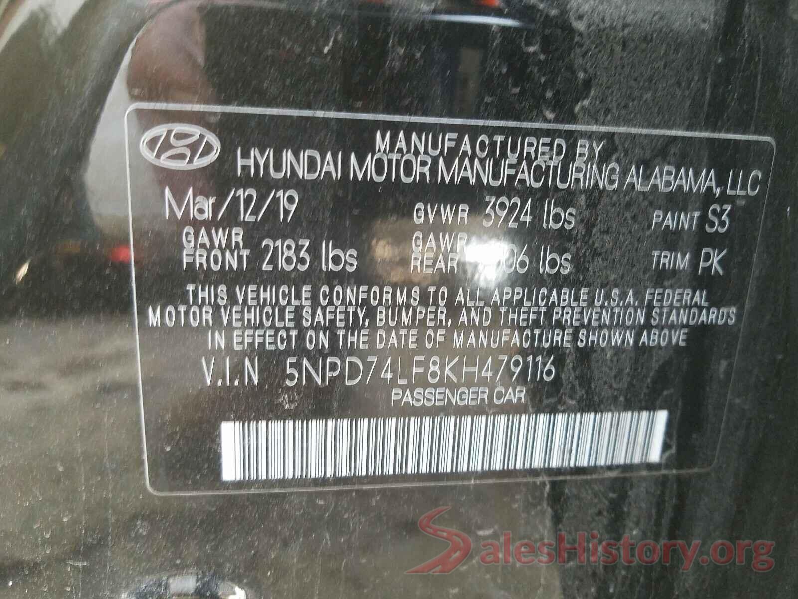 5NPD74LF8KH479116 2019 HYUNDAI ELANTRA