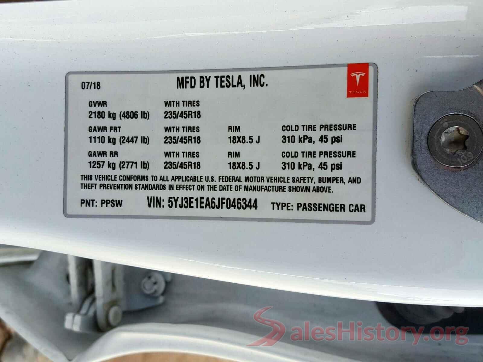 5YJ3E1EA6JF046344 2018 TESLA MODEL 3