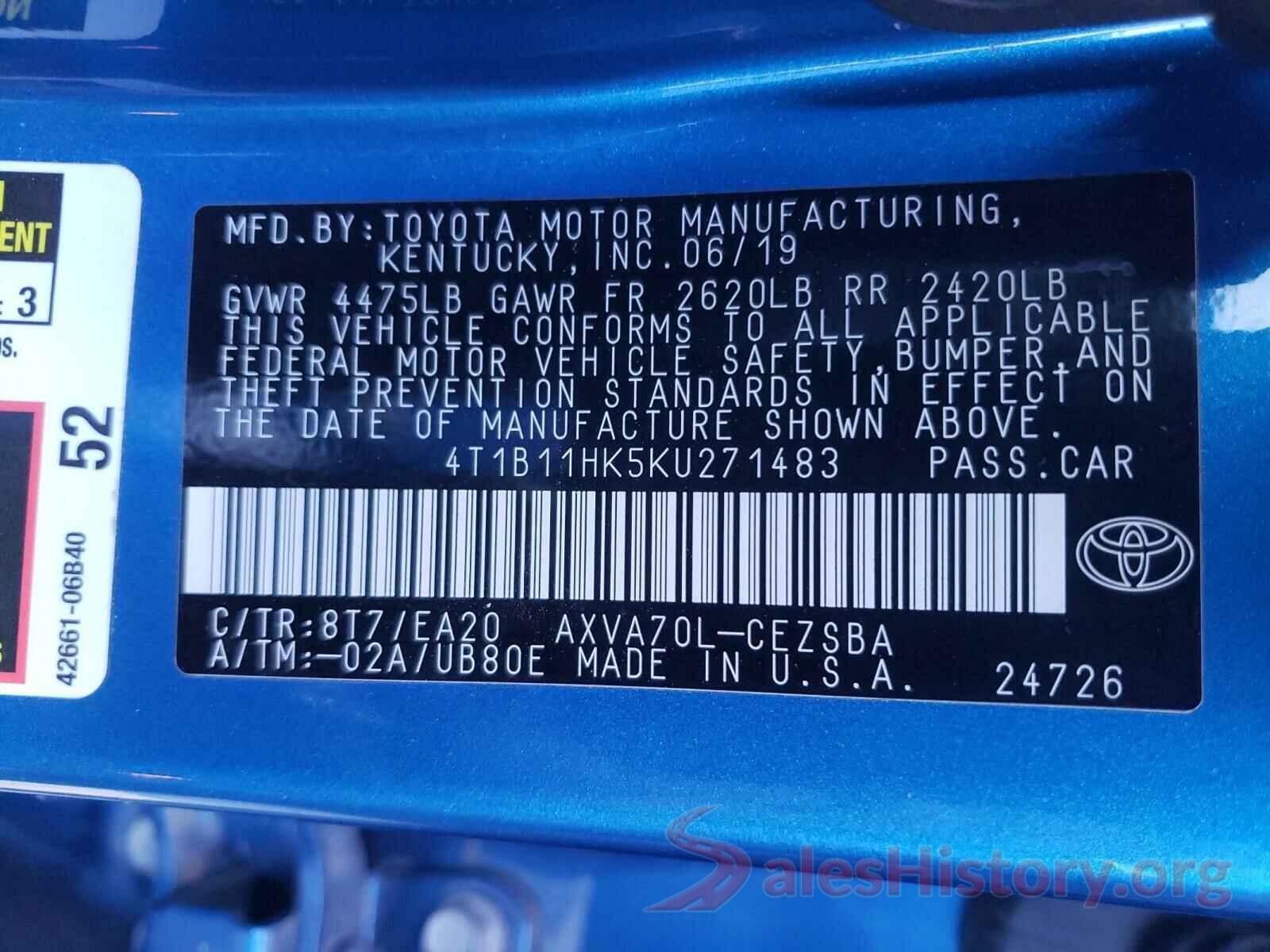 4T1B11HK5KU271483 2019 TOYOTA CAMRY