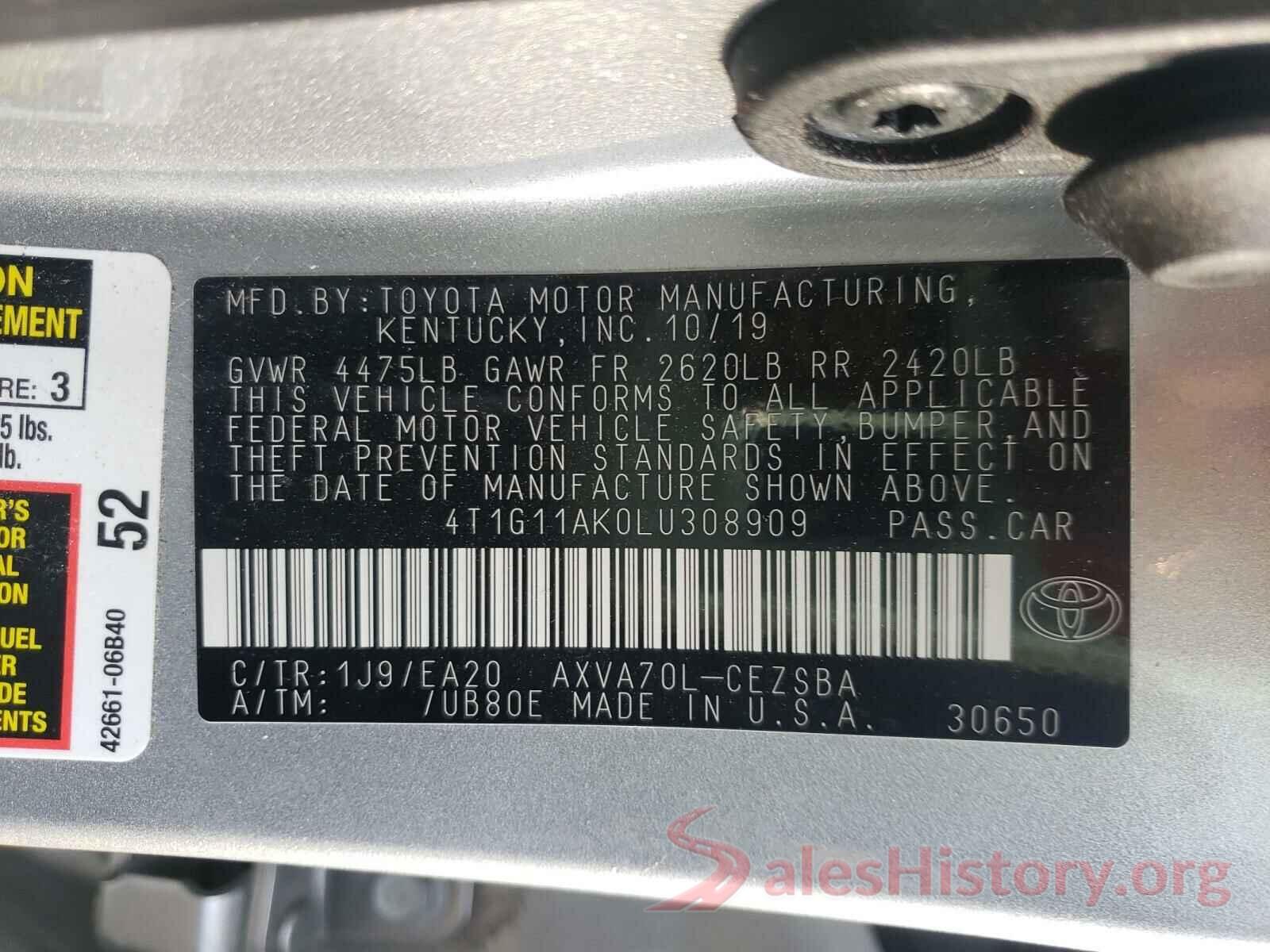 4T1G11AK0LU308909 2020 TOYOTA CAMRY