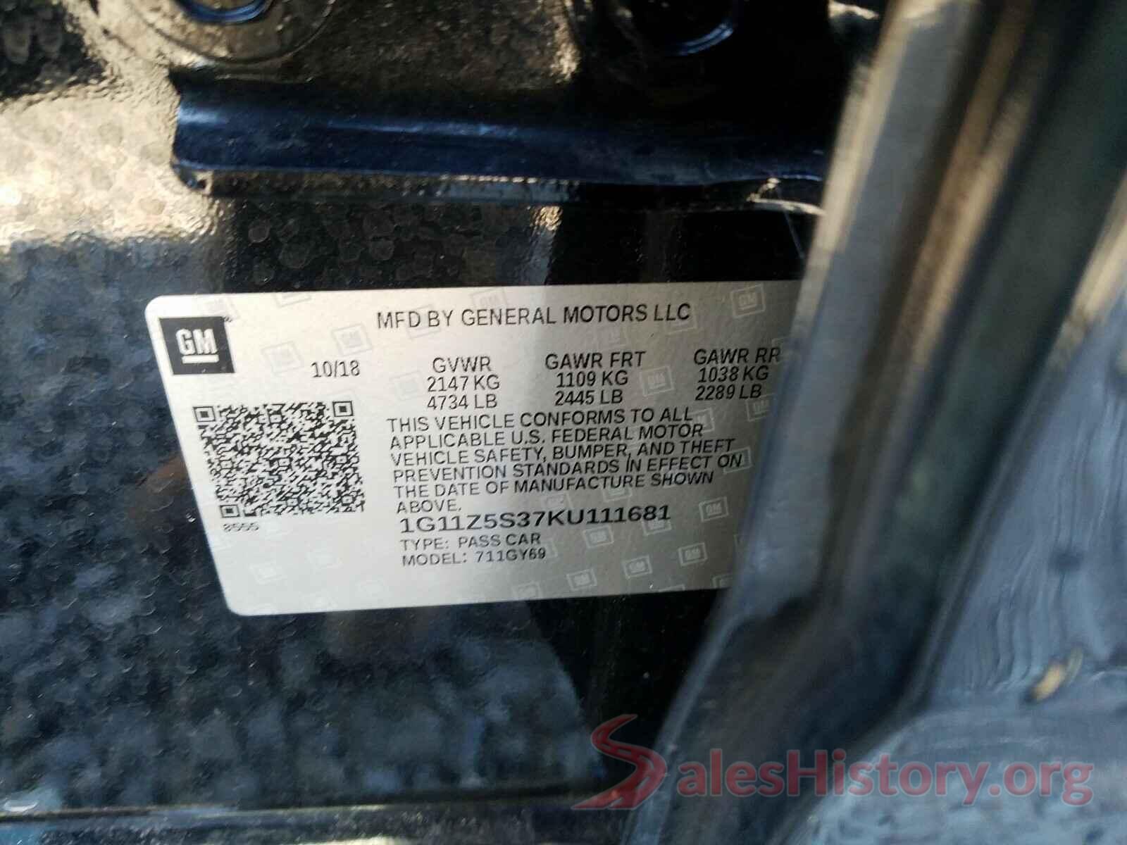 1G11Z5S37KU111681 2019 CHEVROLET IMPALA