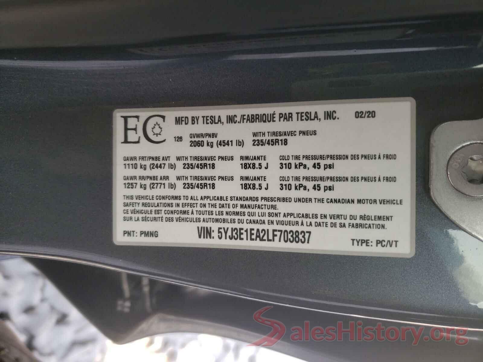 5YJ3E1EA2LF703837 2020 TESLA MODEL 3