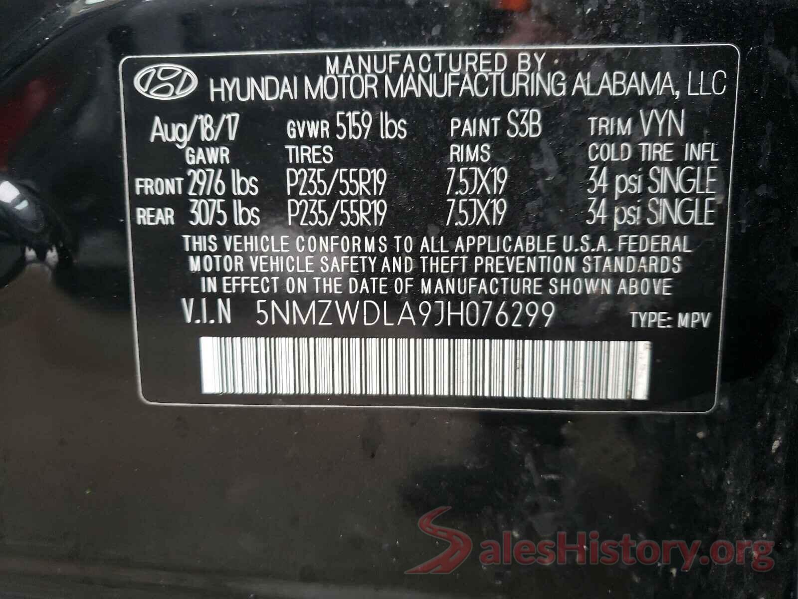 5NMZWDLA9JH076299 2018 HYUNDAI SANTA FE