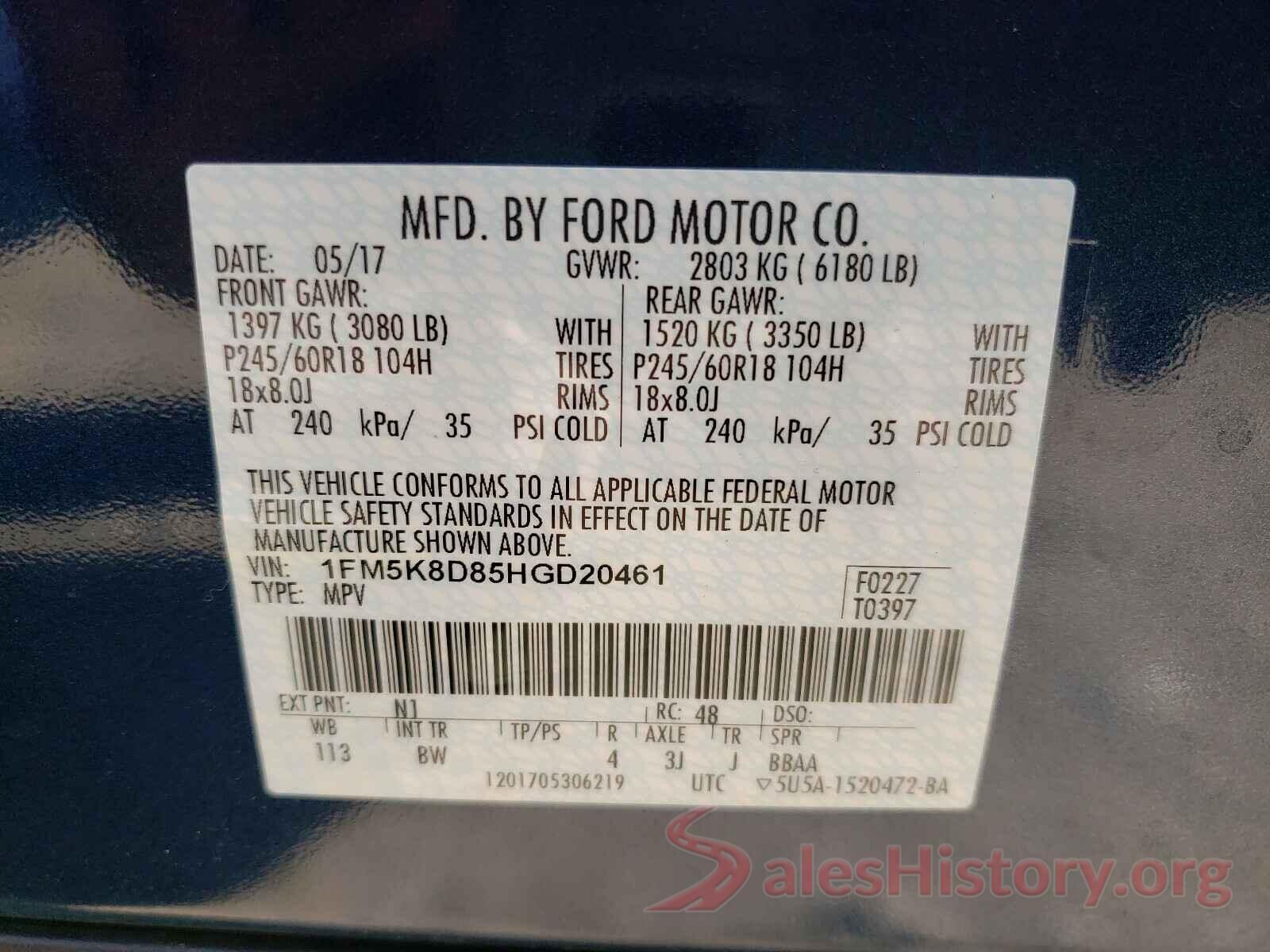 1FM5K8D85HGD20461 2017 FORD EXPLORER