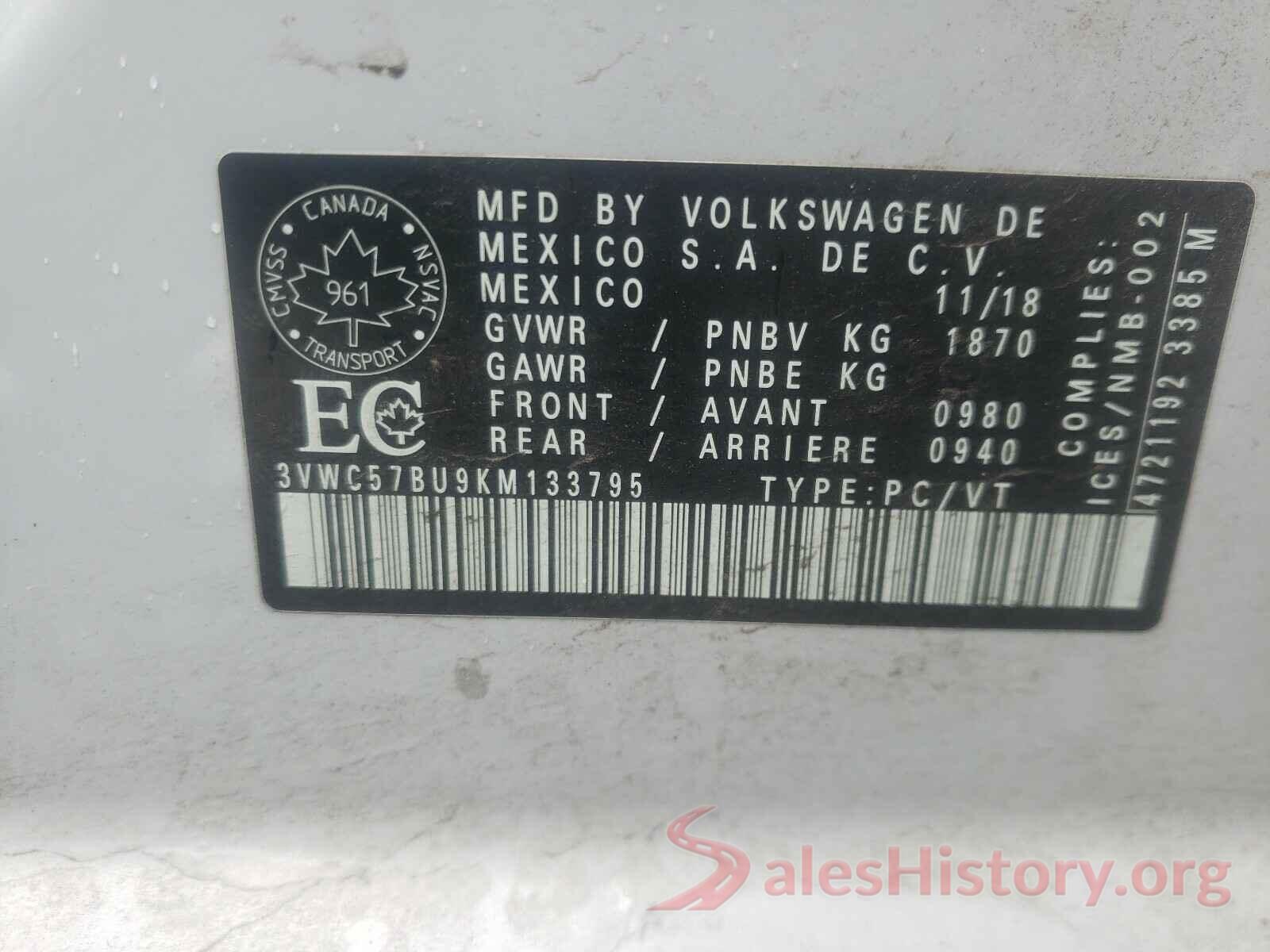 3VWC57BU9KM133795 2019 VOLKSWAGEN JETTA