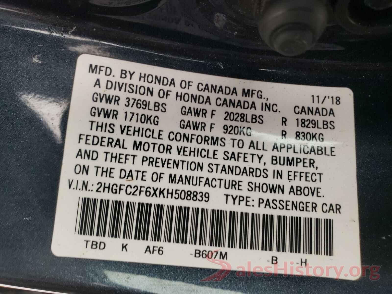 2HGFC2F6XKH508839 2019 HONDA CIVIC