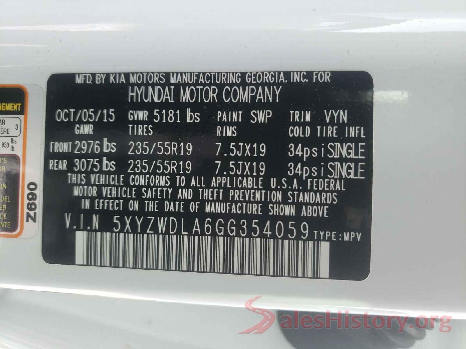 5XYZWDLA6GG354059 2016 HYUNDAI SANTA FE