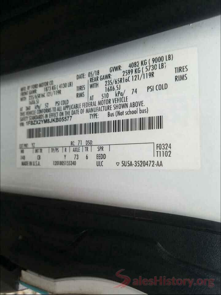 1FBZX2YM8JKB05577 2018 FORD TRANSIT CO