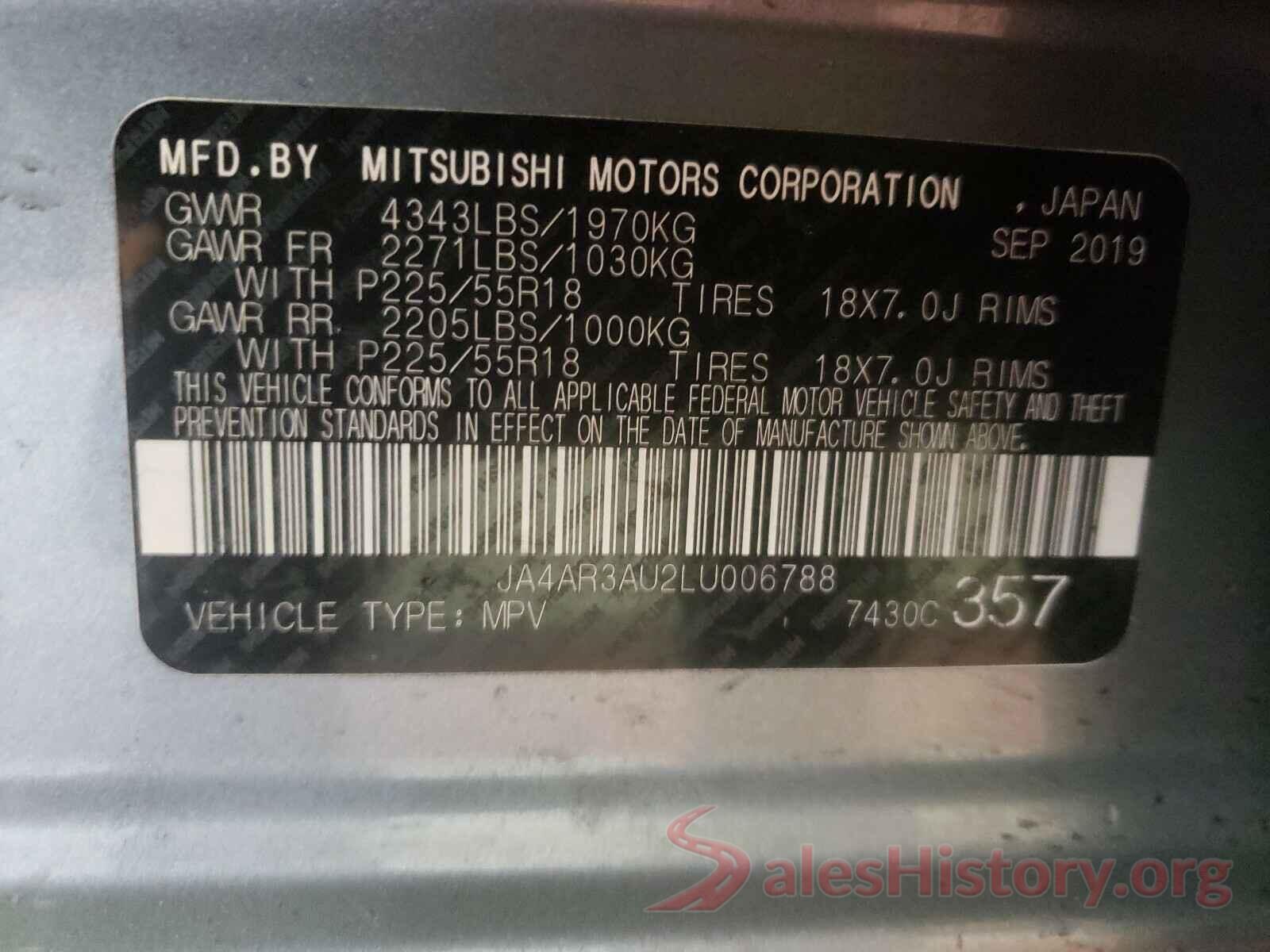 JA4AR3AU2LU006788 2020 MITSUBISHI OUTLANDER