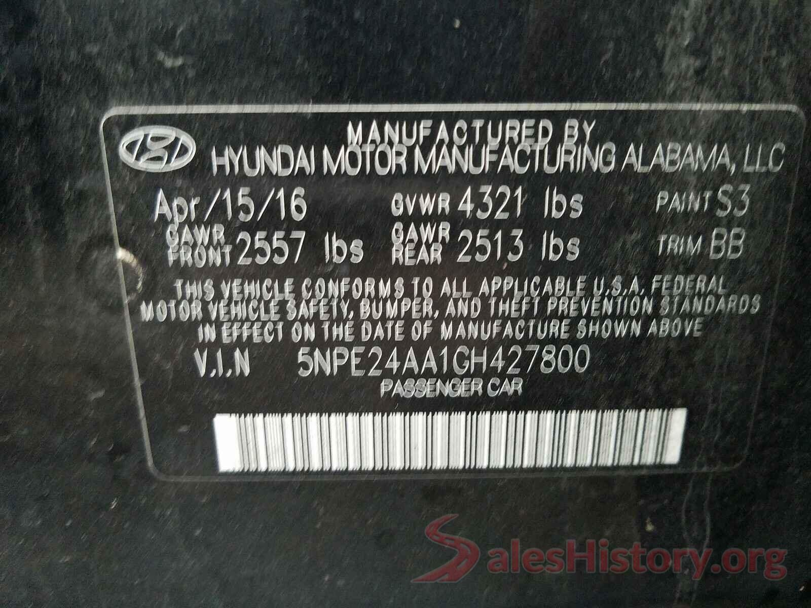 5NPE24AA1GH427800 2016 HYUNDAI SONATA