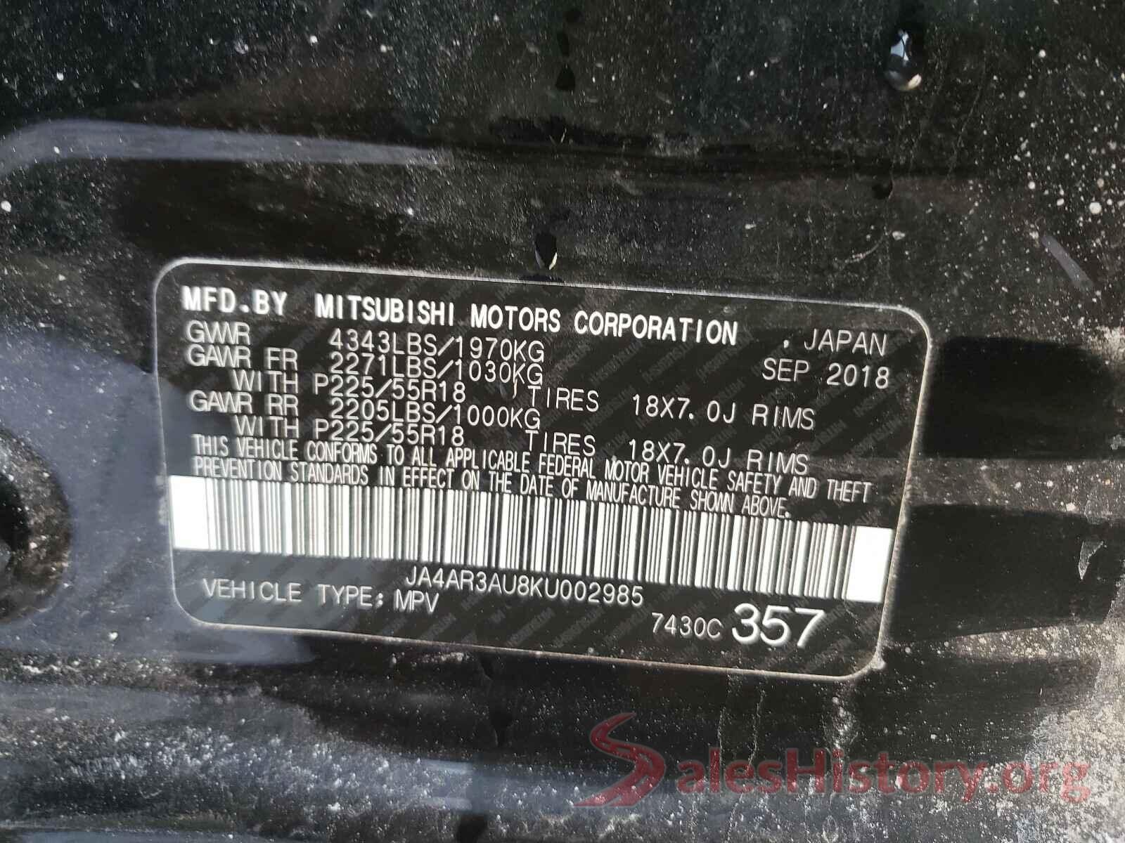 JA4AR3AU8KU002985 2019 MITSUBISHI OUTLANDER