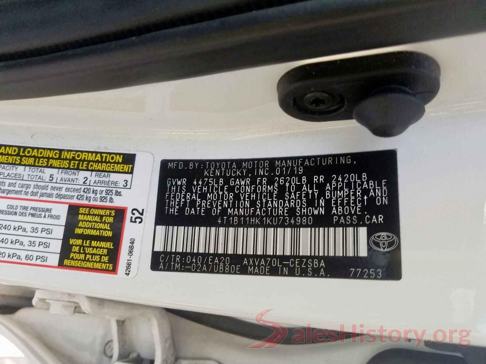 4T1B11HK1KU734980 2019 TOYOTA CAMRY