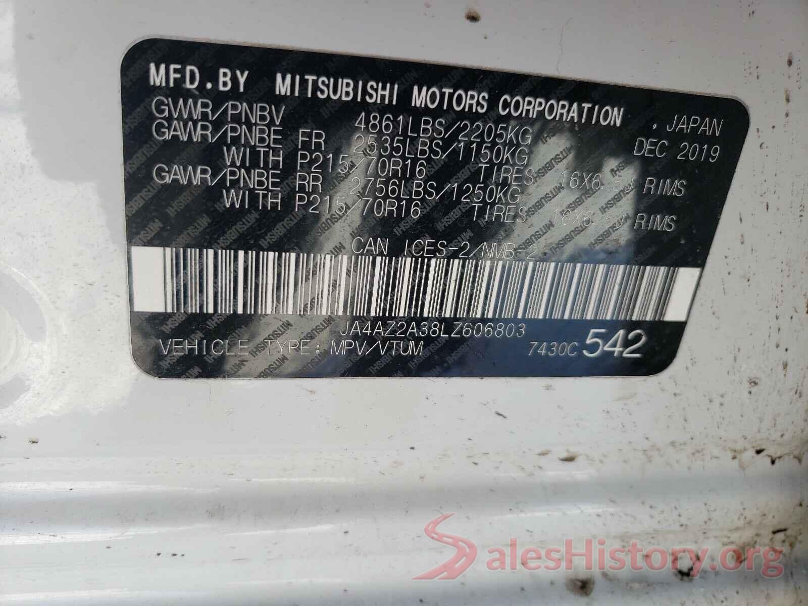 JA4AZ2A38LZ606803 2020 MITSUBISHI OUTLANDER