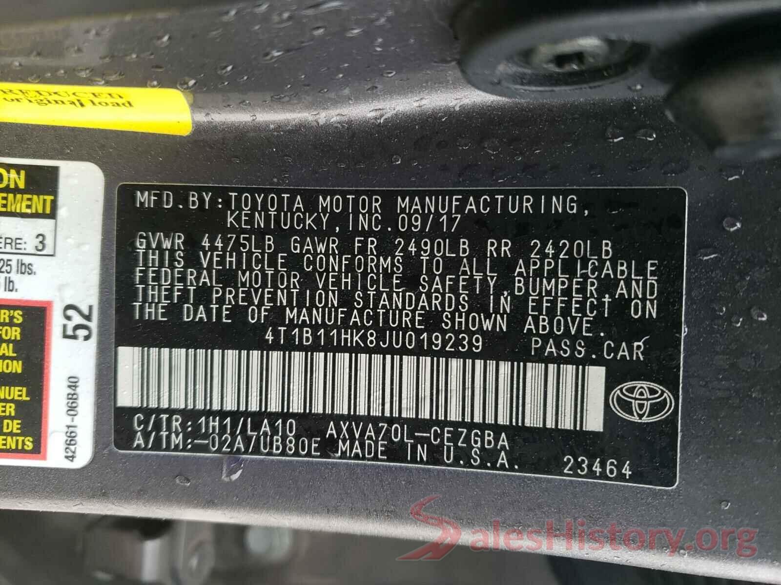 4T1B11HK8JU019239 2018 TOYOTA CAMRY