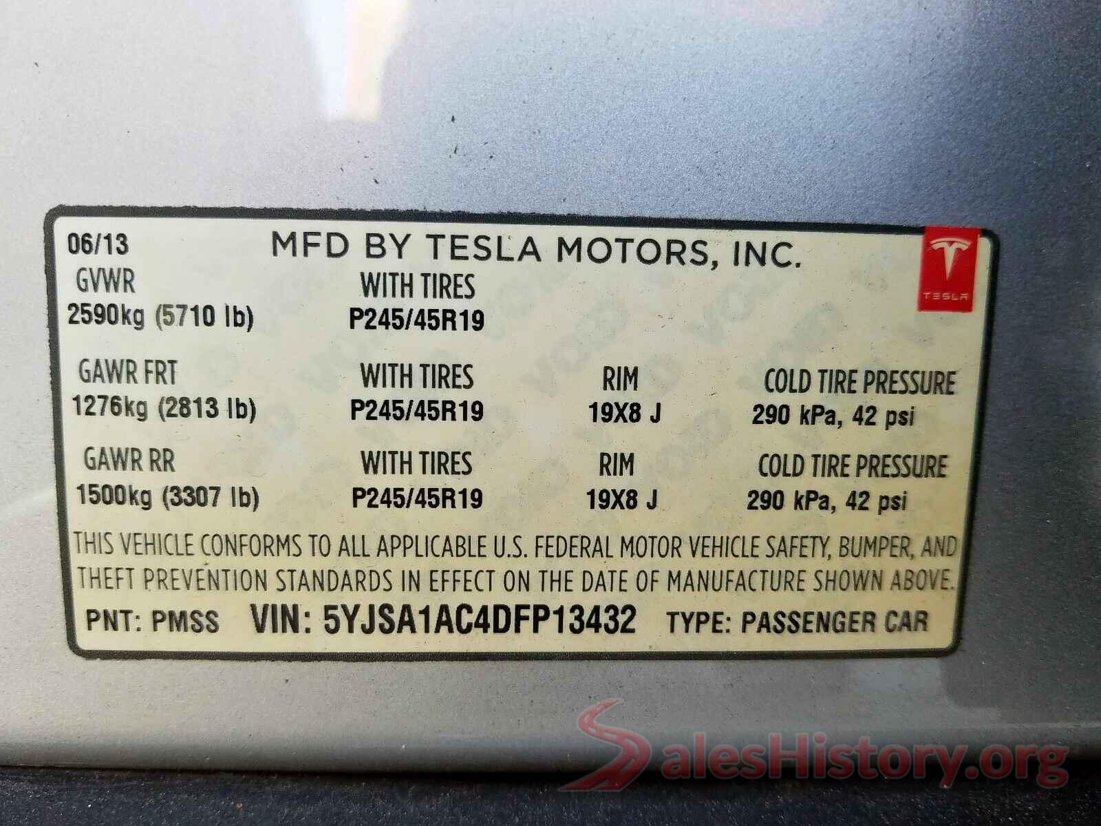 5YJSA1AC4DFP13432 2013 TESLA MODEL S