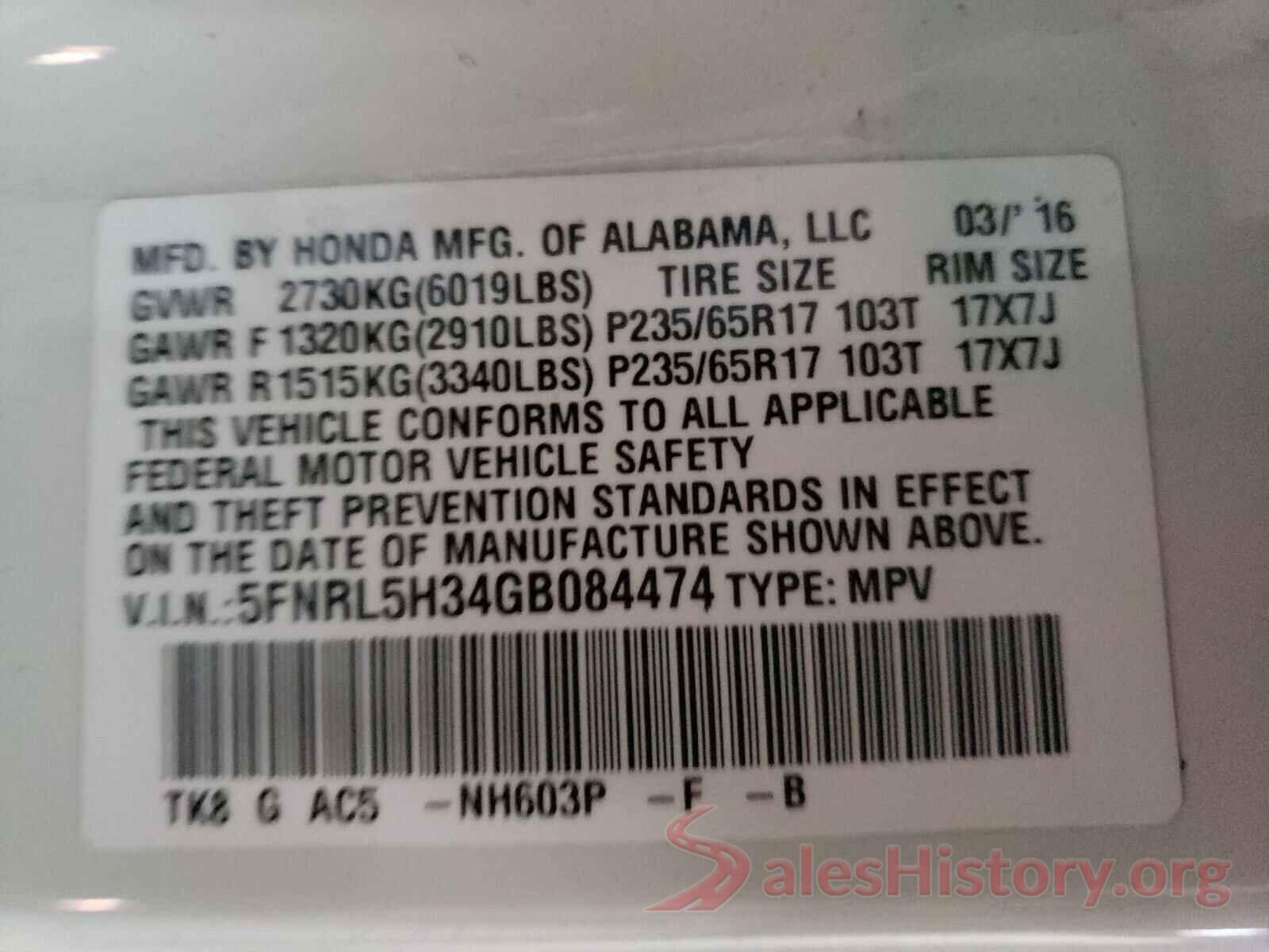 5FNRL5H34GB084474 2016 HONDA ODYSSEY